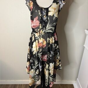 Whimsy Fairy Floral Flutter Sleeve Sheer Handkerchief Hem Womens Dress Size M